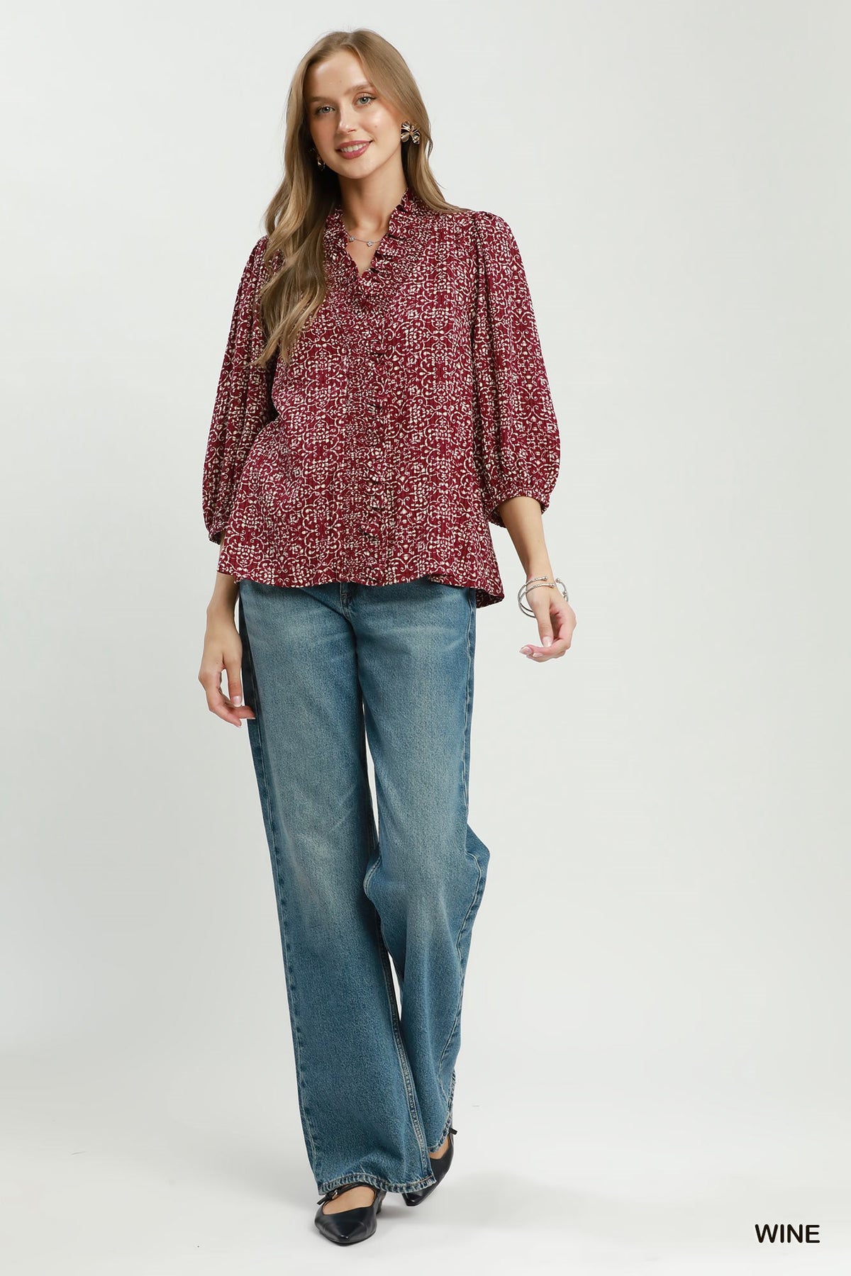 Floral Print Ruffle Detail Button Down Top