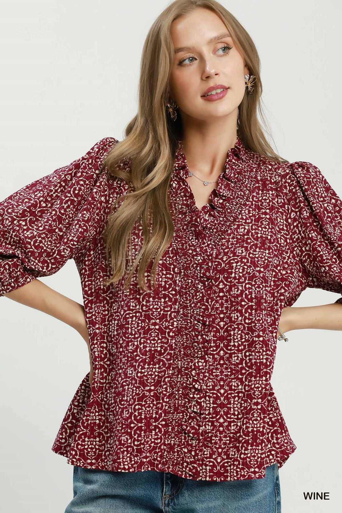 Floral Print Ruffle Detail Button Down Top