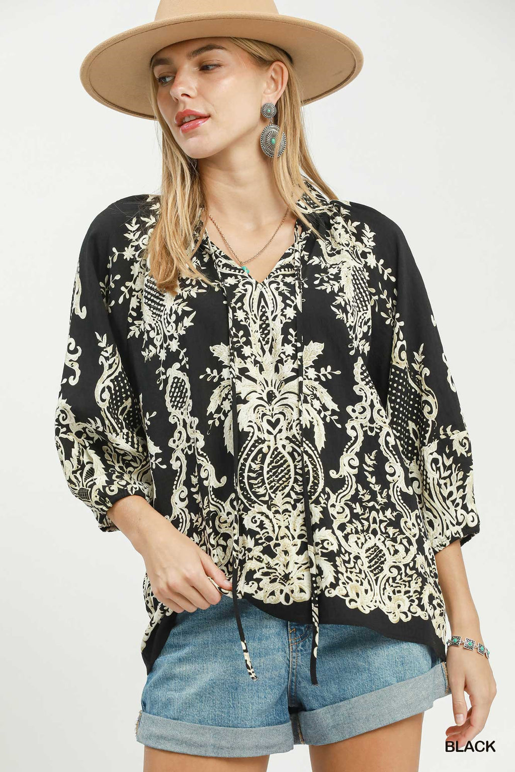 Boho Border Print Tie Neck Blouse