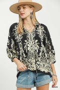 Boho Border Print Tie Neck Blouse