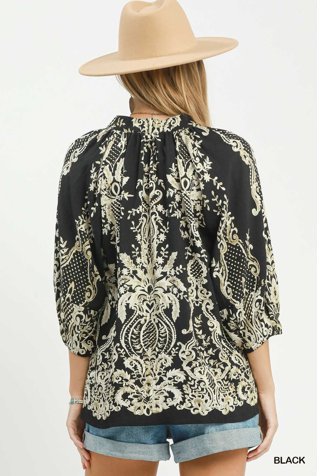 Boho Border Print Tie Neck Blouse
