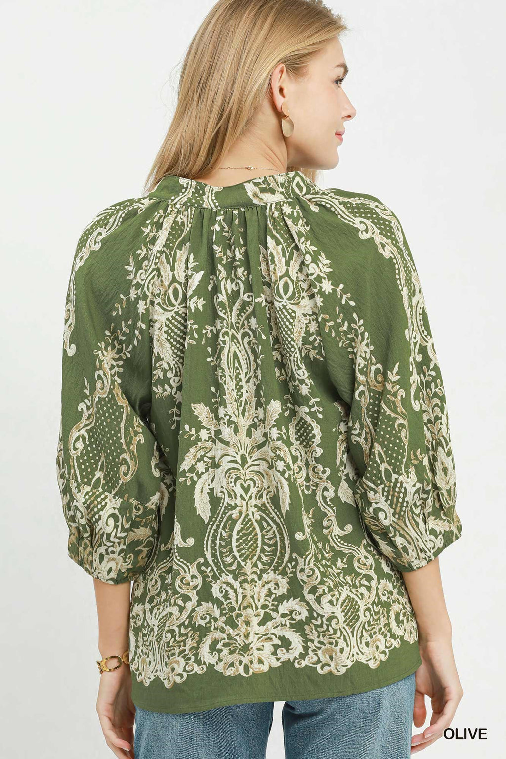 Boho Border Print Tie Neck Blouse
