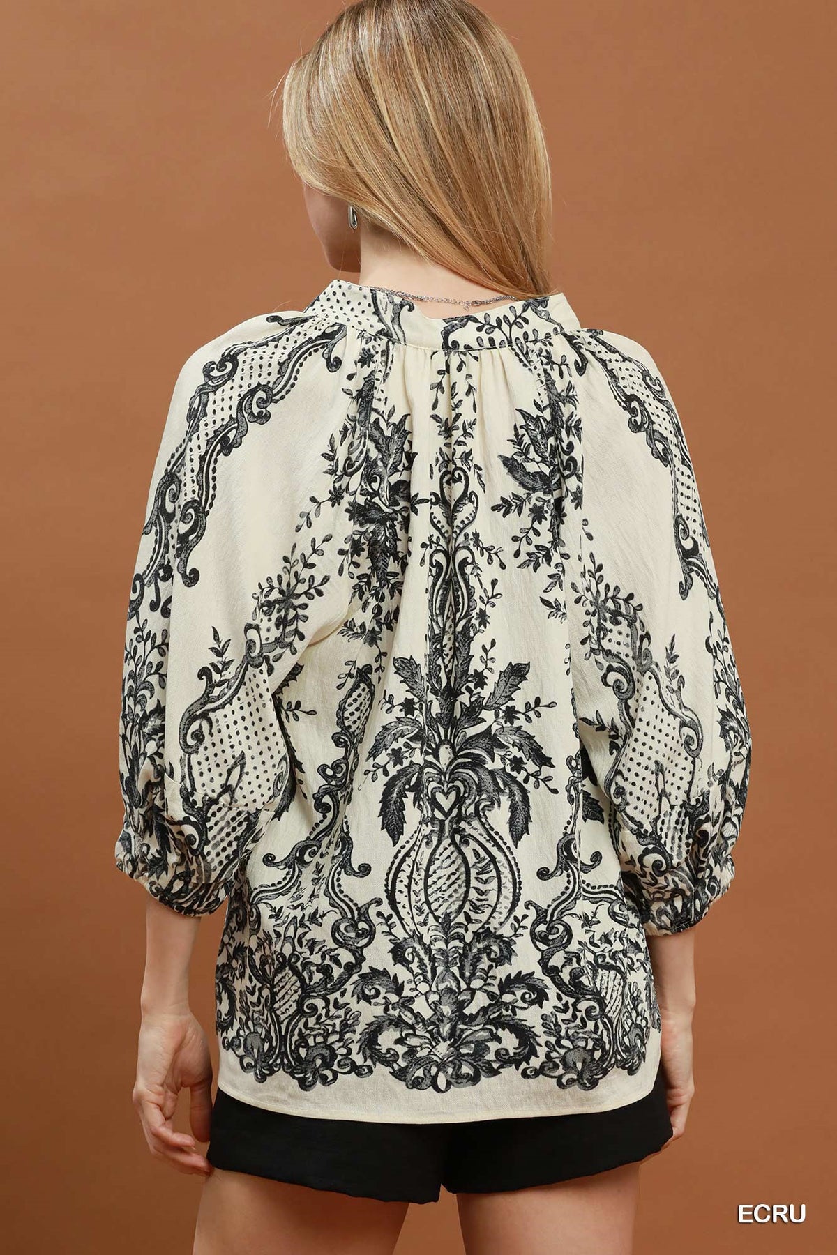 Boho Border Print Tie Neck Blouse