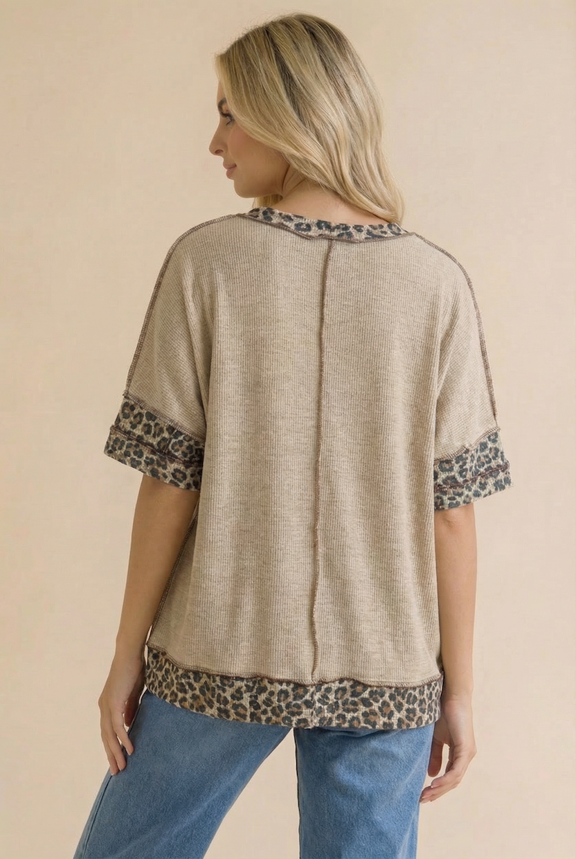 Leopard Thermal Color Block Reverse Seam Top