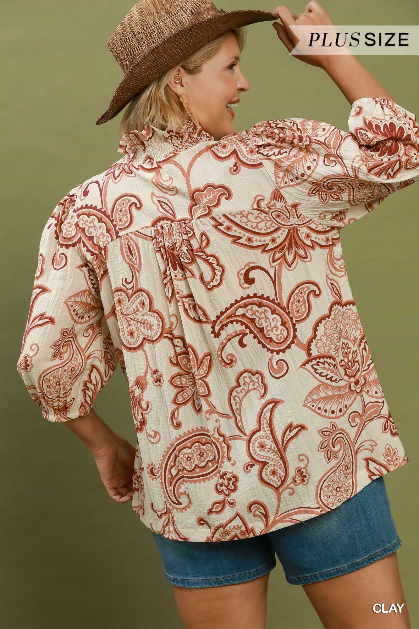 Abstract Print Top with Smocked Ruffled Details: Clay