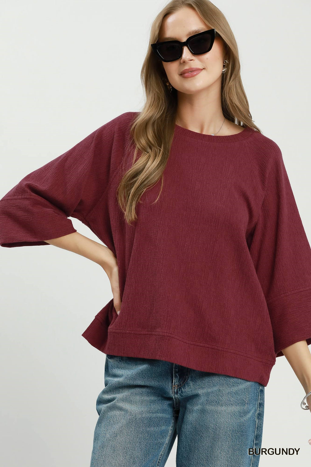 Relaxed Dolman Sleeve Knit Sweater Top: Burgundy