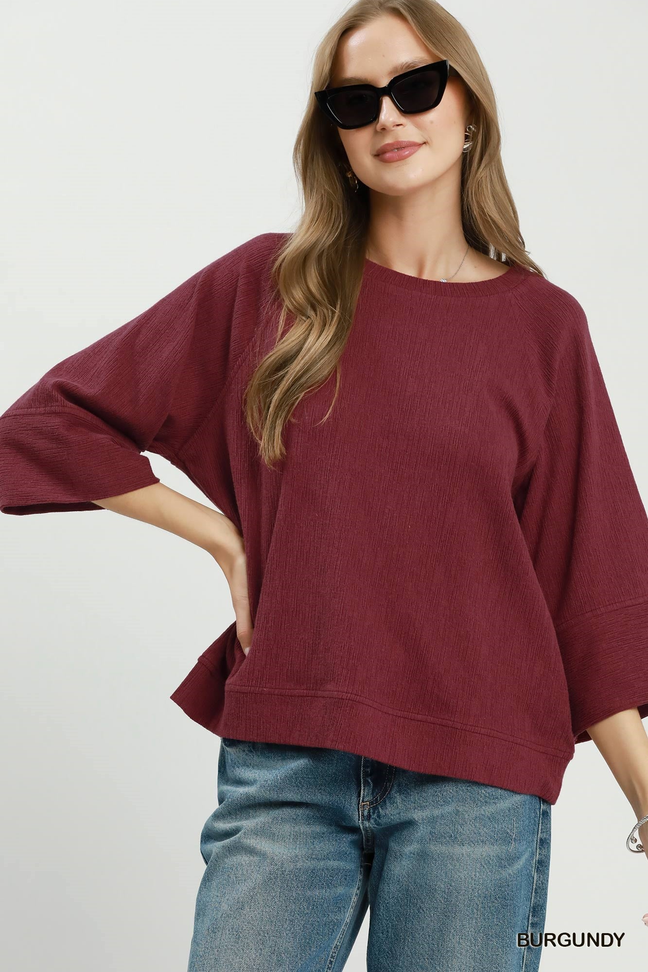 Relaxed Dolman Sleeve Knit Sweater Top: Burgundy
