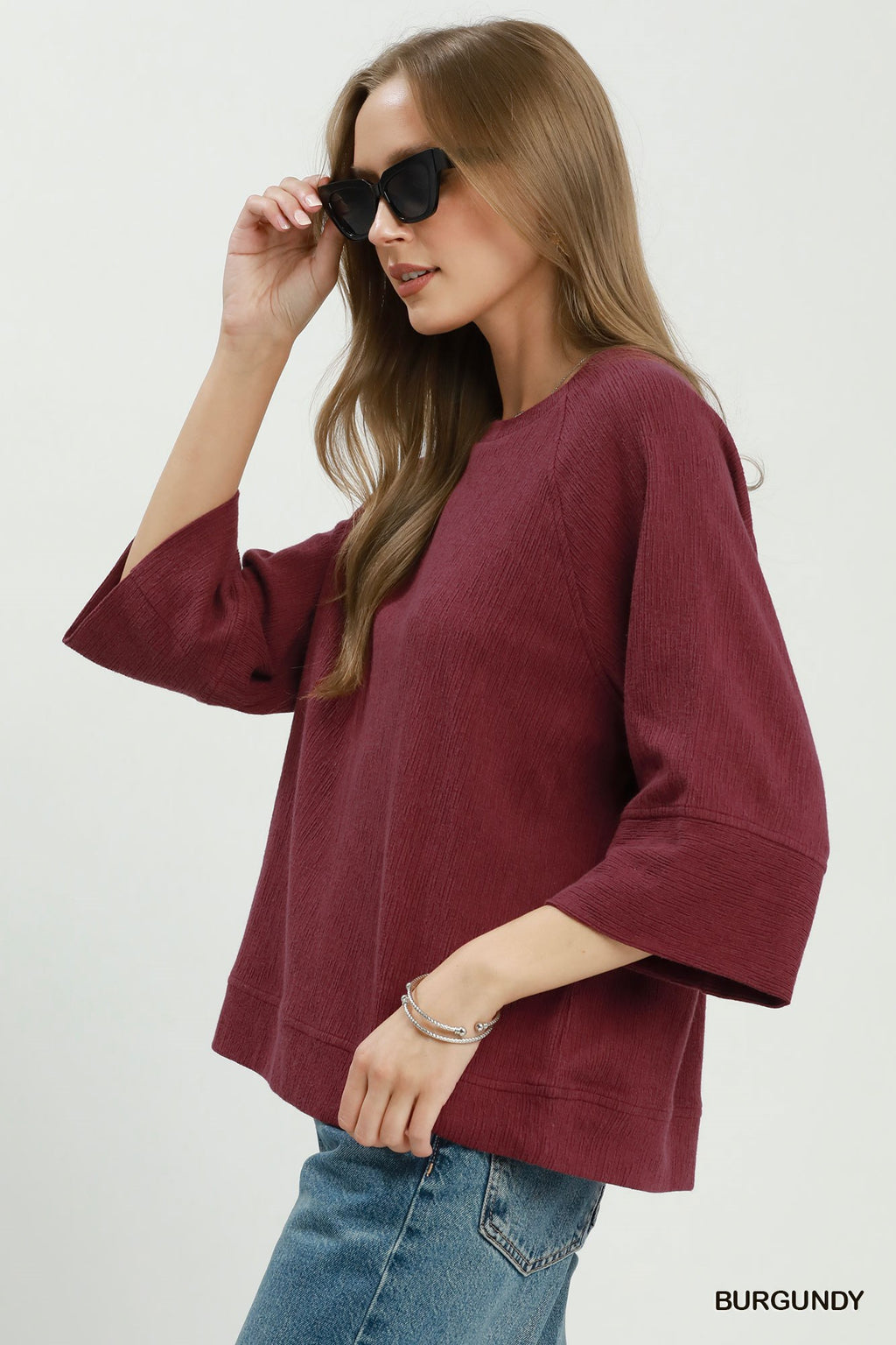 Relaxed Dolman Sleeve Knit Sweater Top: Burgundy