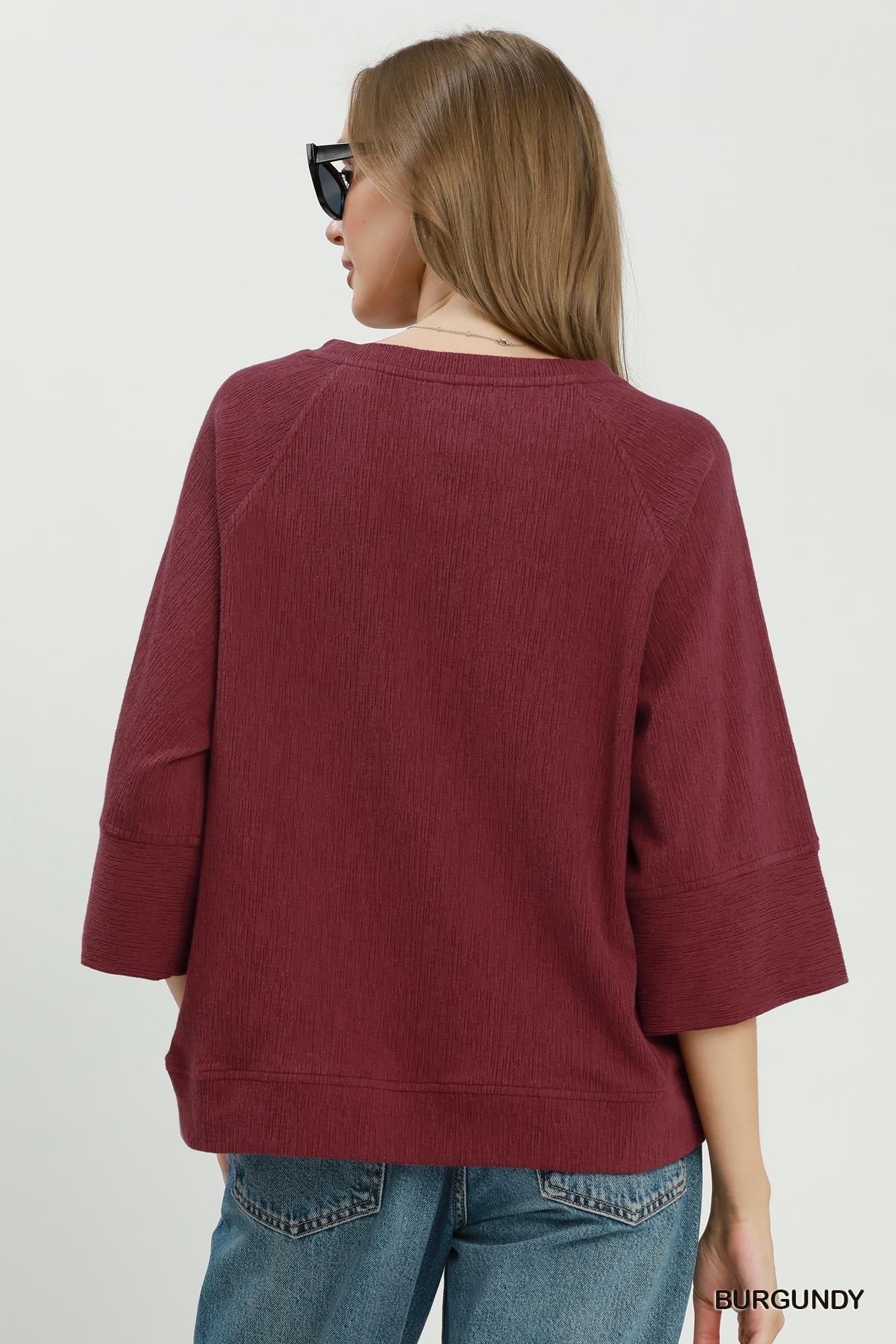 Relaxed Dolman Sleeve Knit Sweater Top: Burgundy