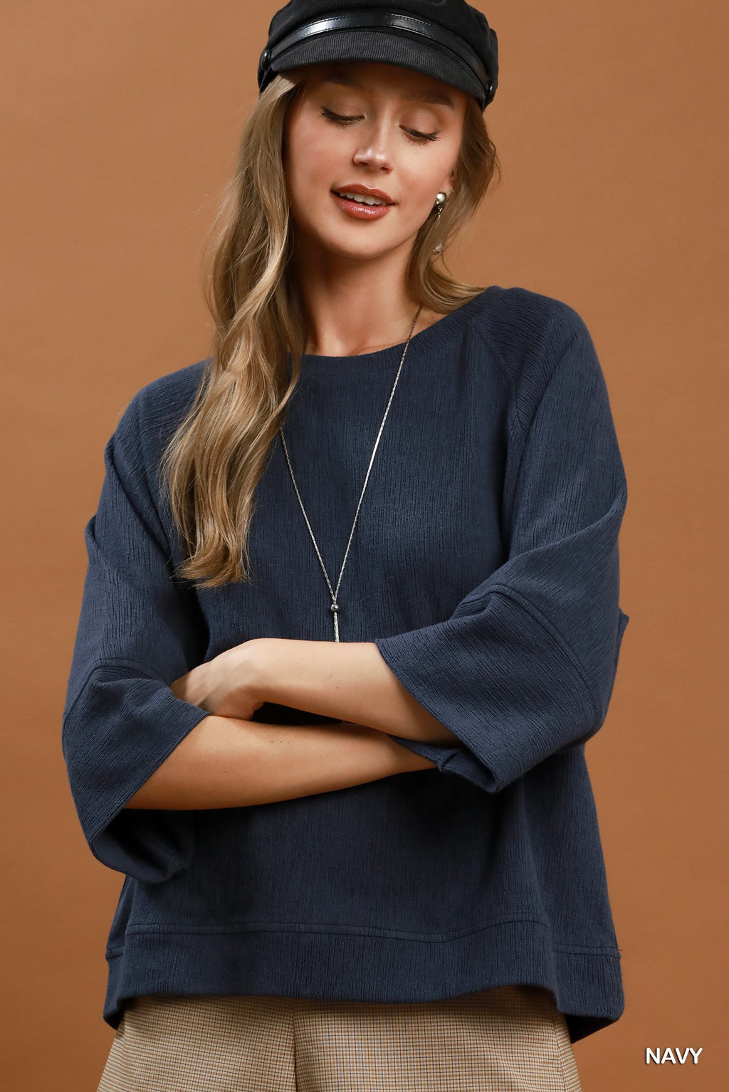 Relaxed Dolman Sleeve Knit Sweater Top: Navy