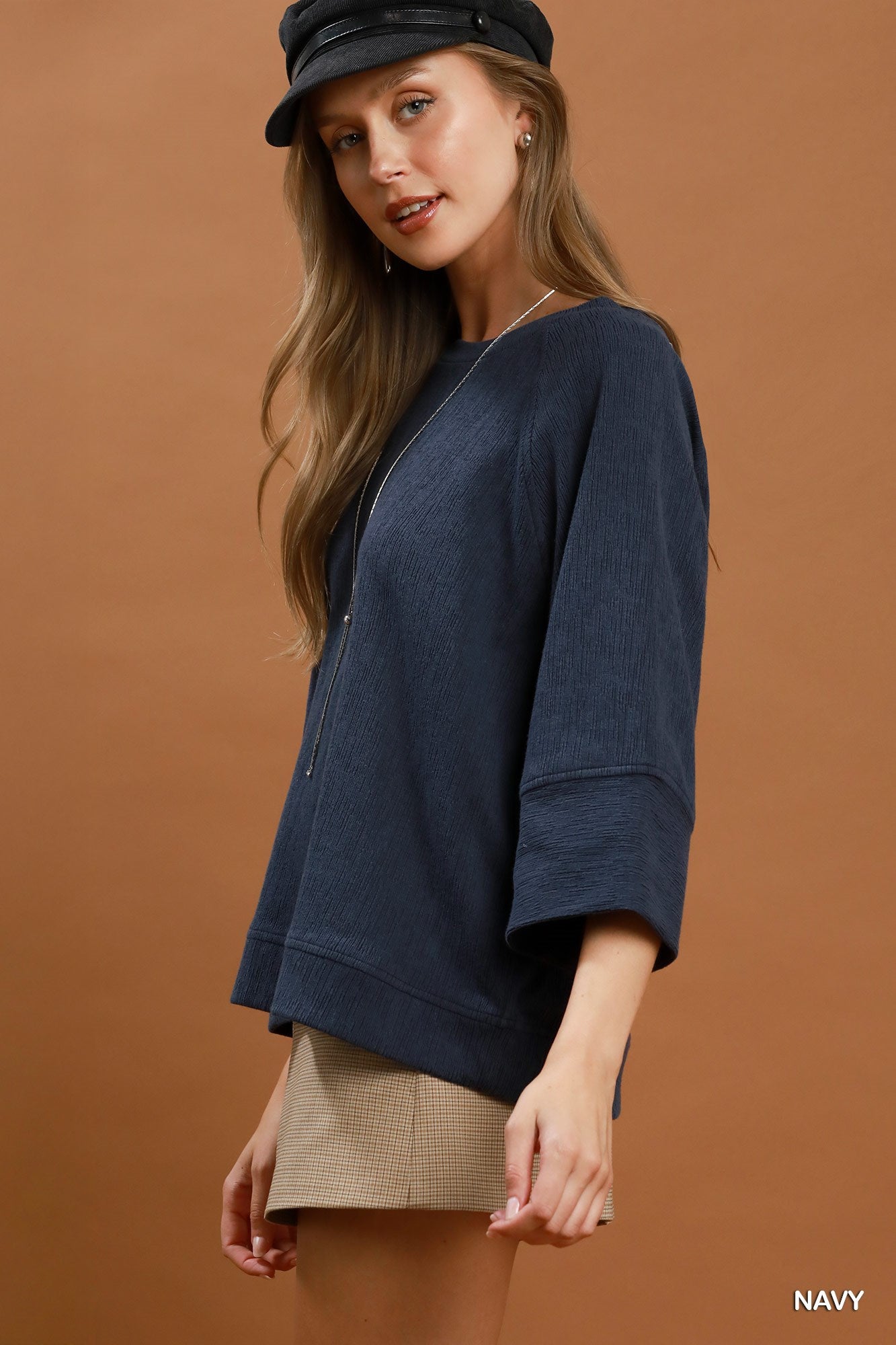 Relaxed Dolman Sleeve Knit Sweater Top: Navy