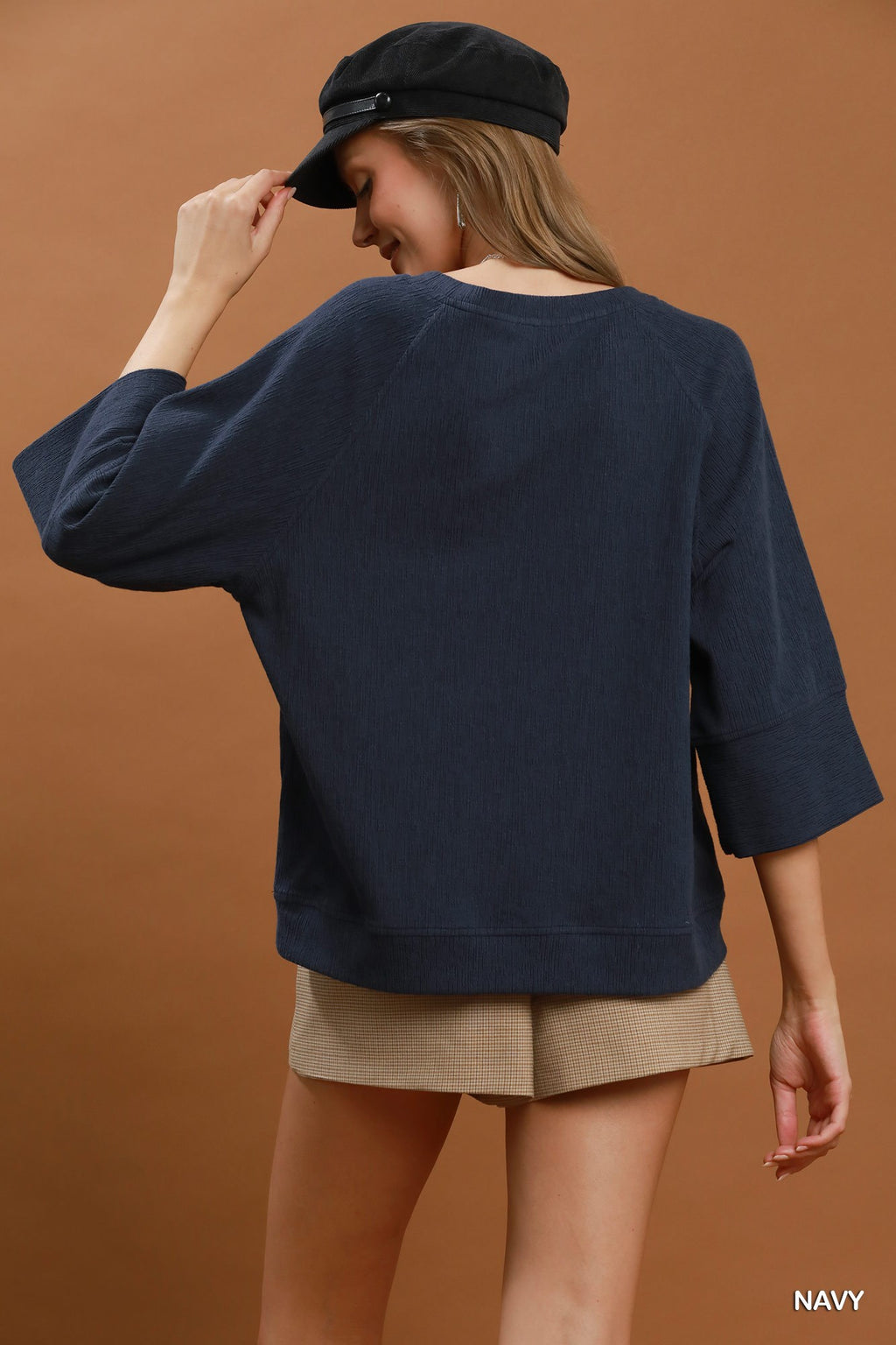 Relaxed Dolman Sleeve Knit Sweater Top: Navy