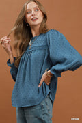 Swiss Dot Lace Yoke Peasant Blouse: Denim