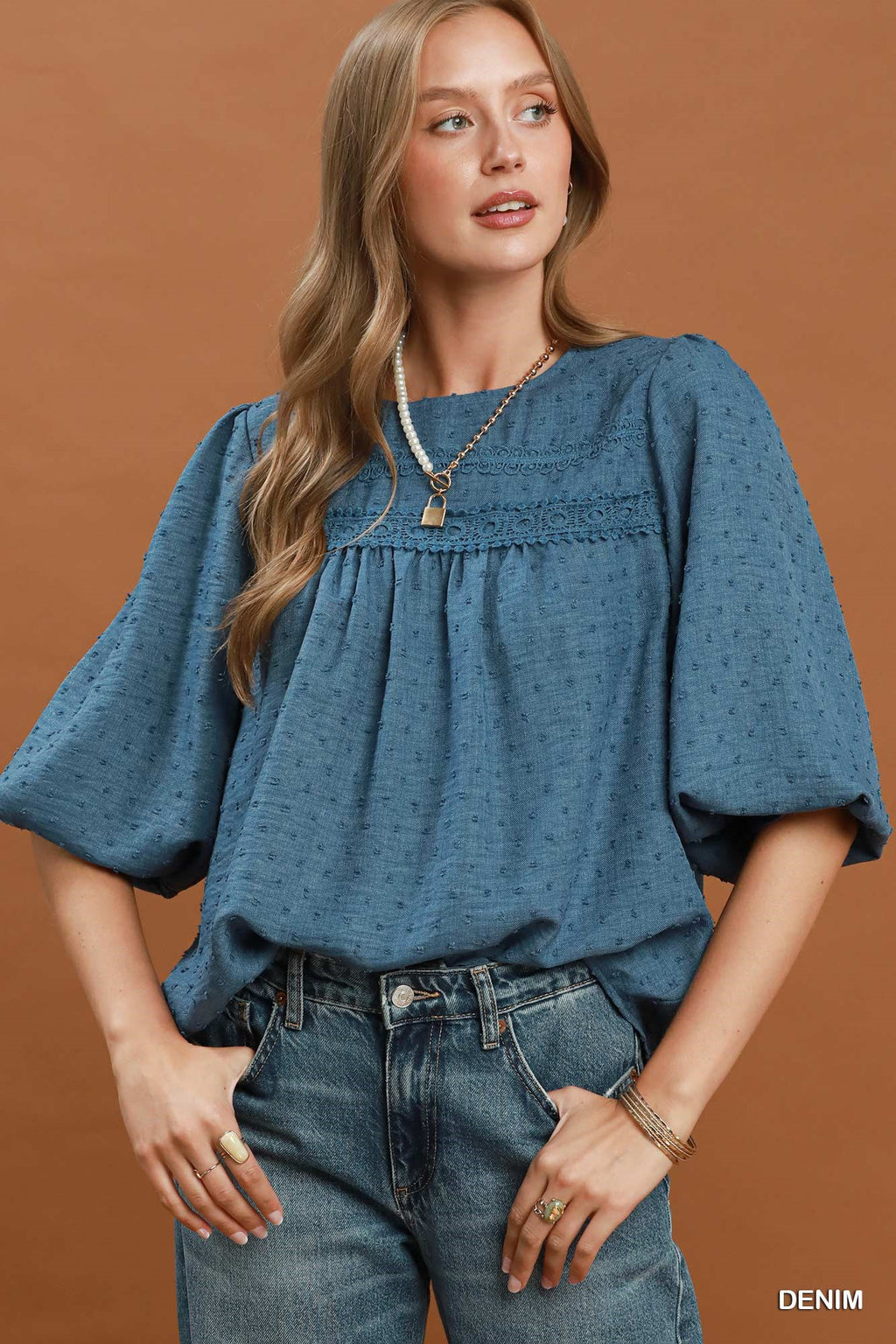 Swiss Dot Lace Yoke Peasant Blouse: Denim