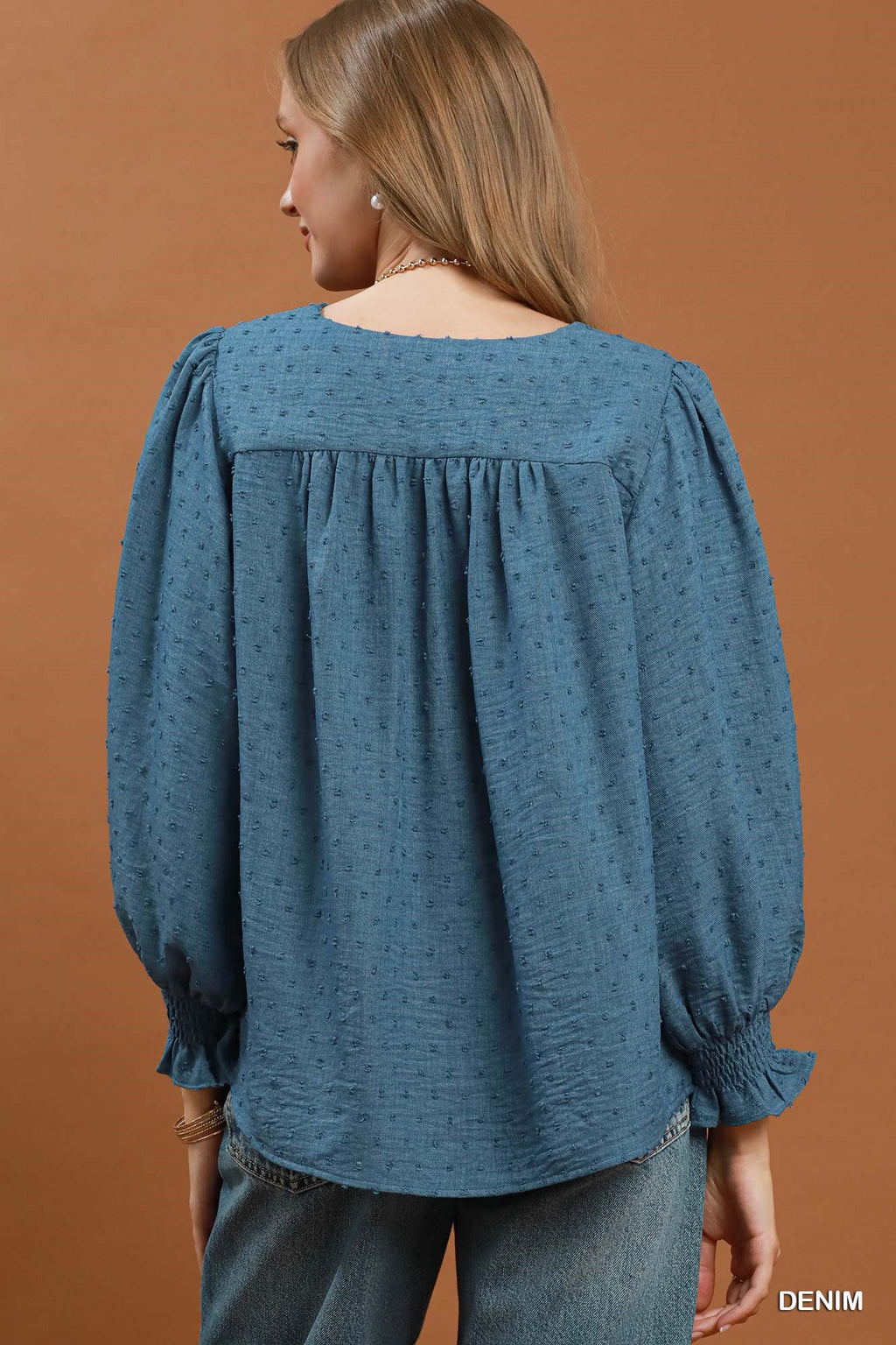 Swiss Dot Lace Yoke Peasant Blouse: Denim