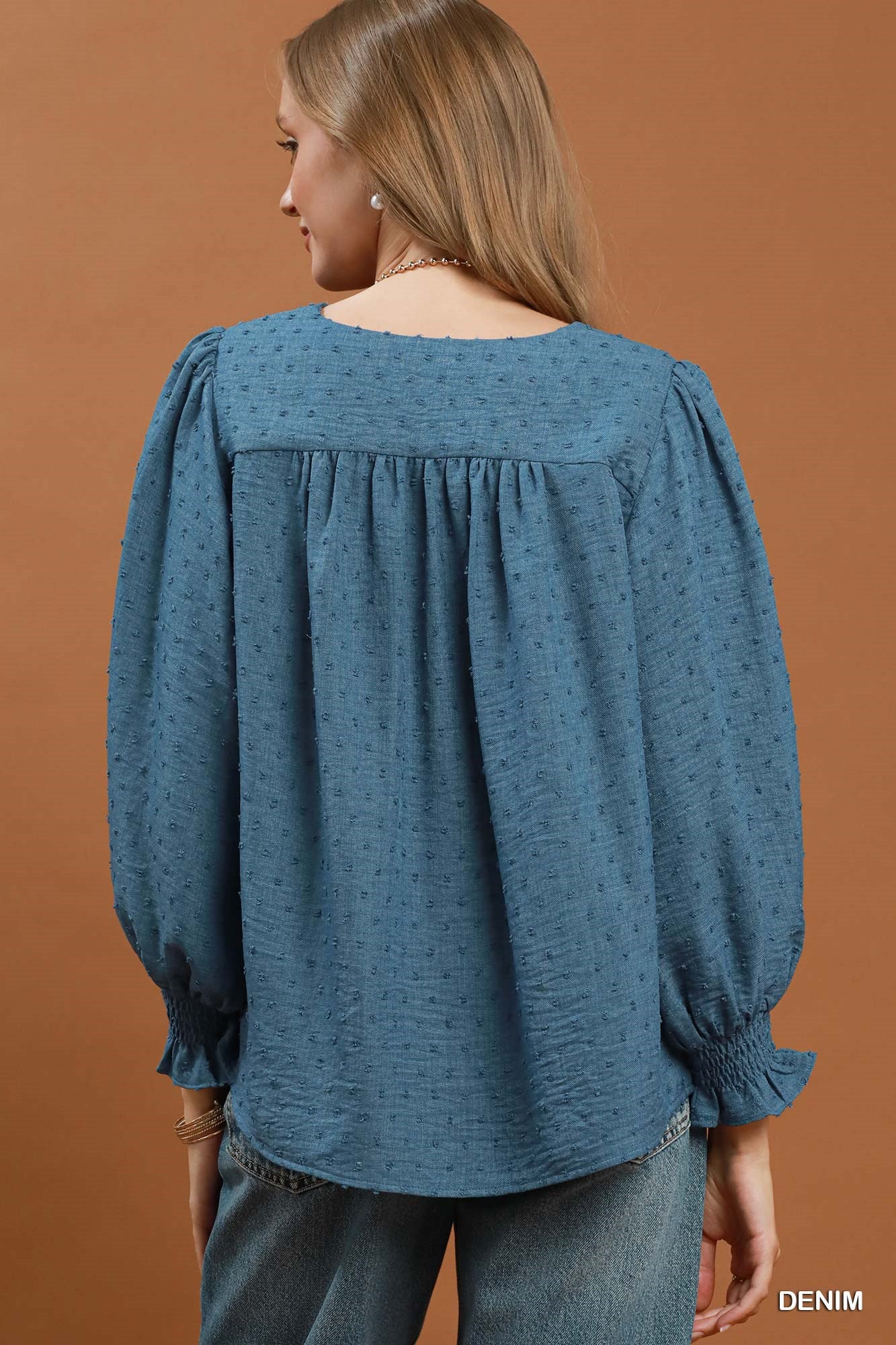 Swiss Dot Lace Yoke Peasant Blouse: Denim