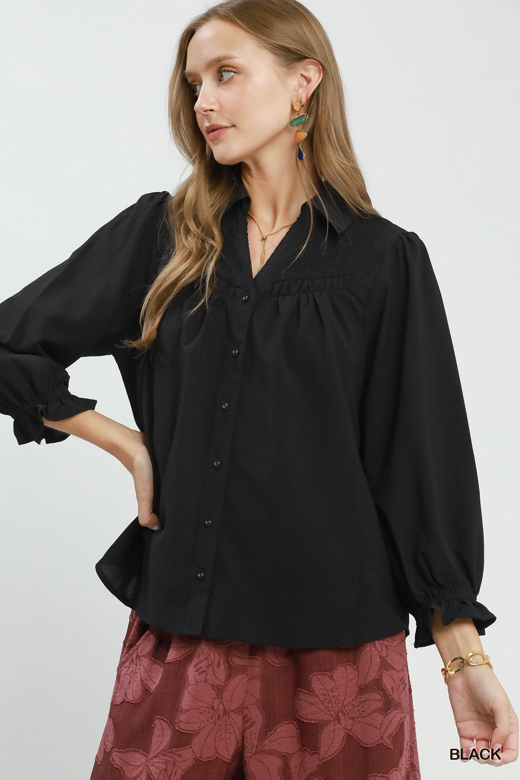 Smocked Detail Button Down Puff Sleeve Blouse