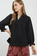 Smocked Detail Button Down Puff Sleeve Blouse