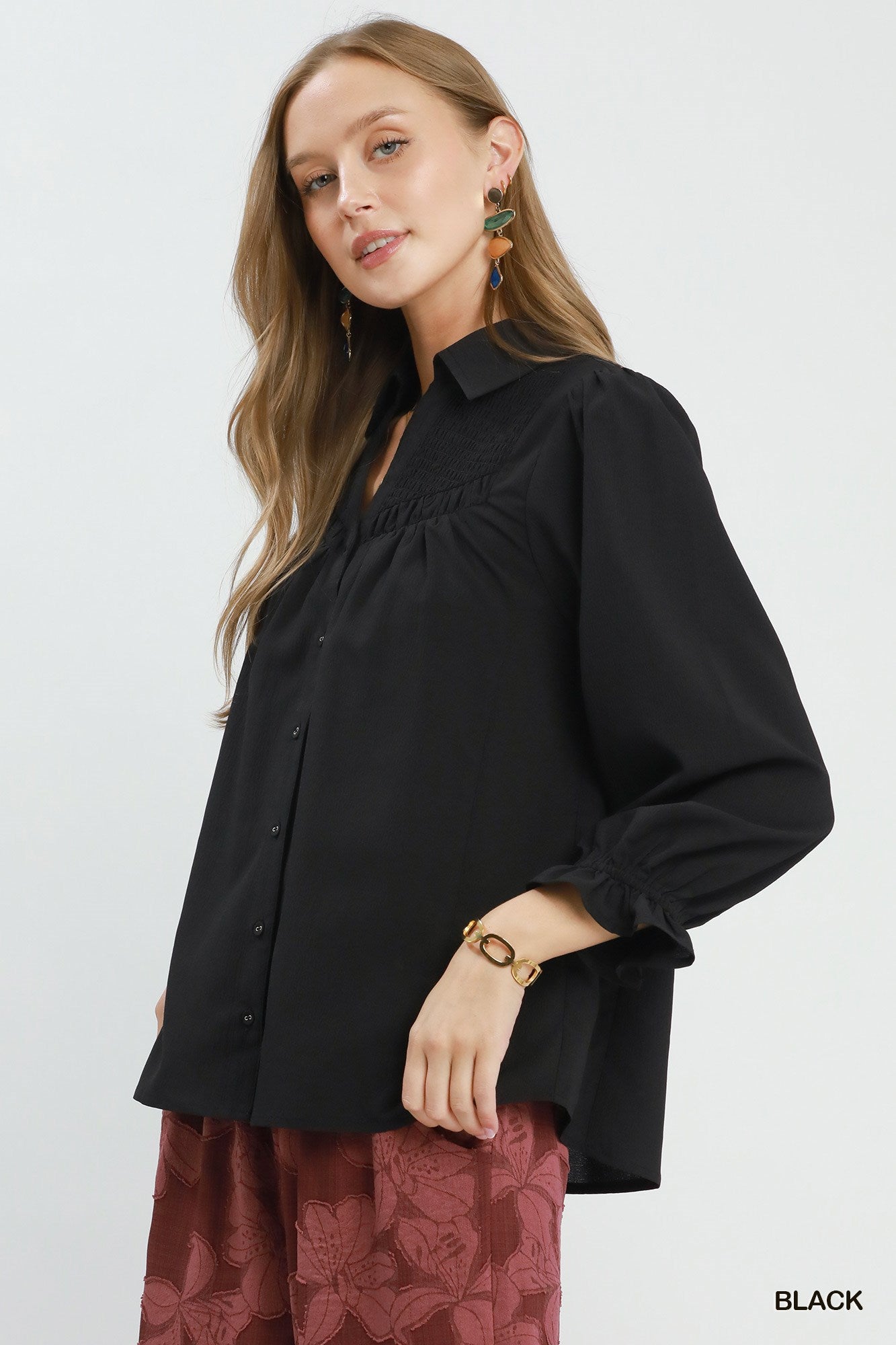 Smocked Detail Button Down Puff Sleeve Blouse