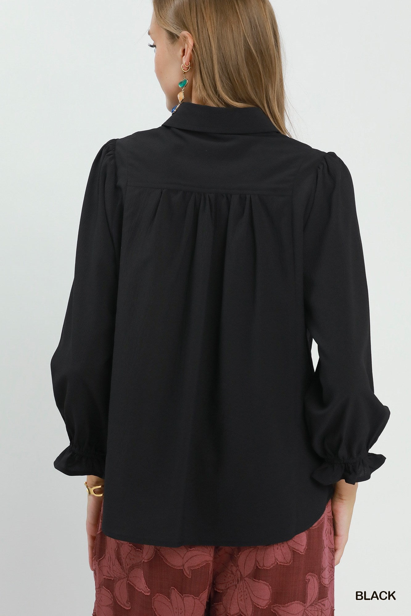 Smocked Detail Button Down Puff Sleeve Blouse