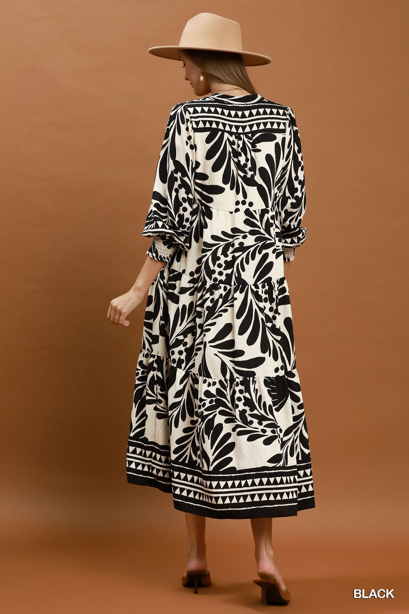 Botanical Print Tiered Midi Dress - Black