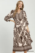 Botanical Print Tiered Midi Dress - Chocolate