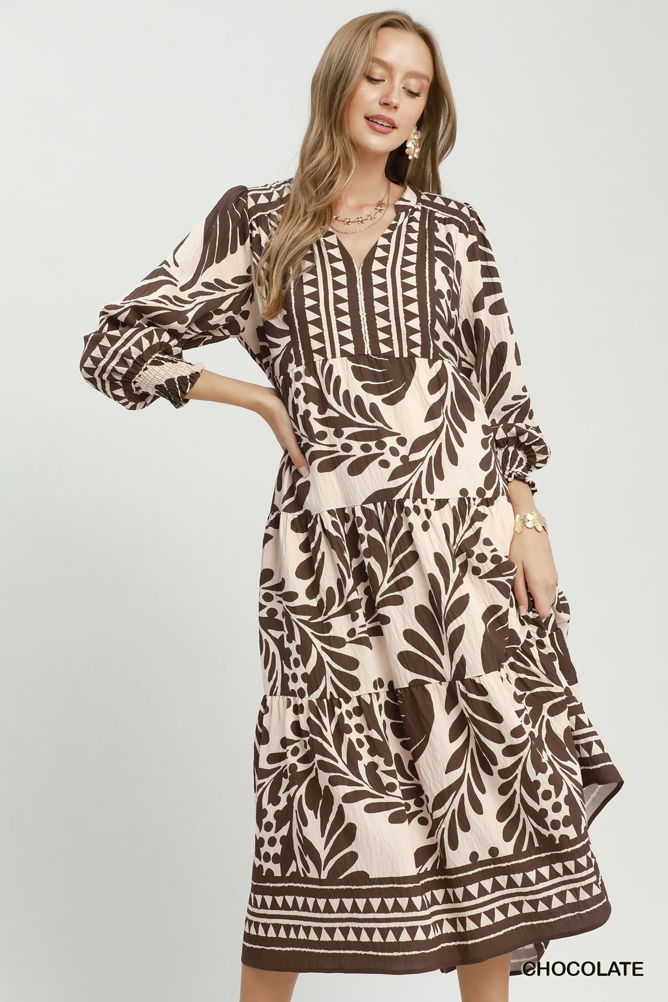 Botanical Print Tiered Midi Dress - Chocolate