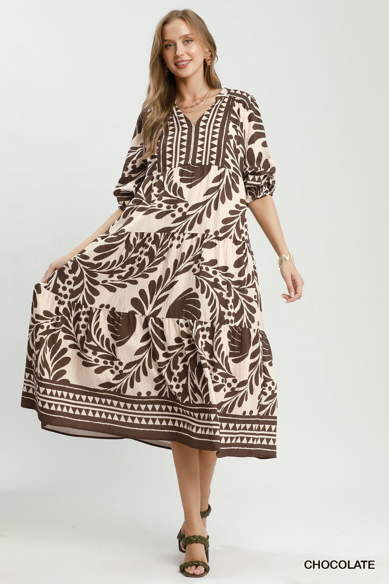Botanical Print Tiered Midi Dress - Chocolate