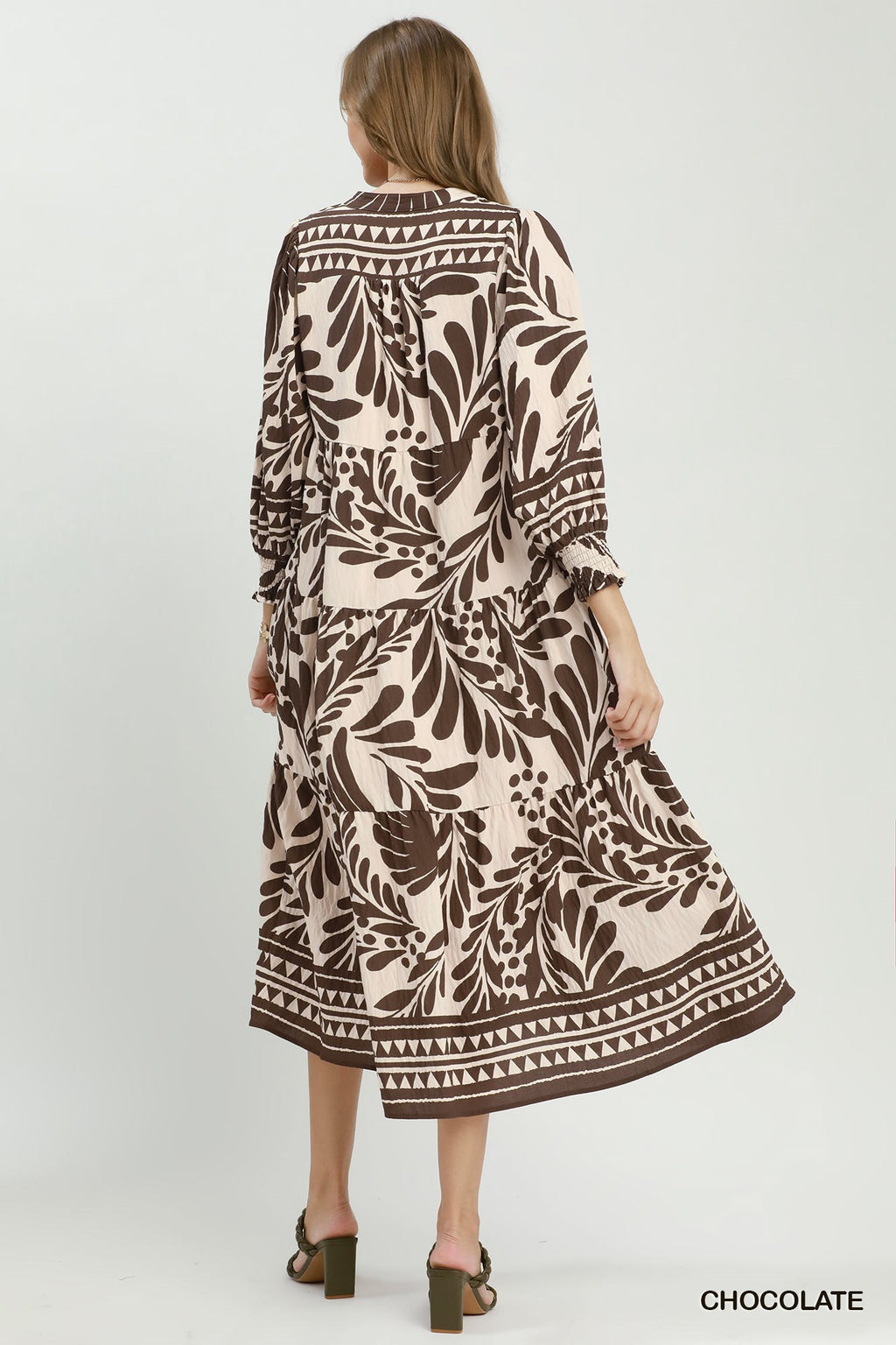 Botanical Print Tiered Midi Dress - Chocolate