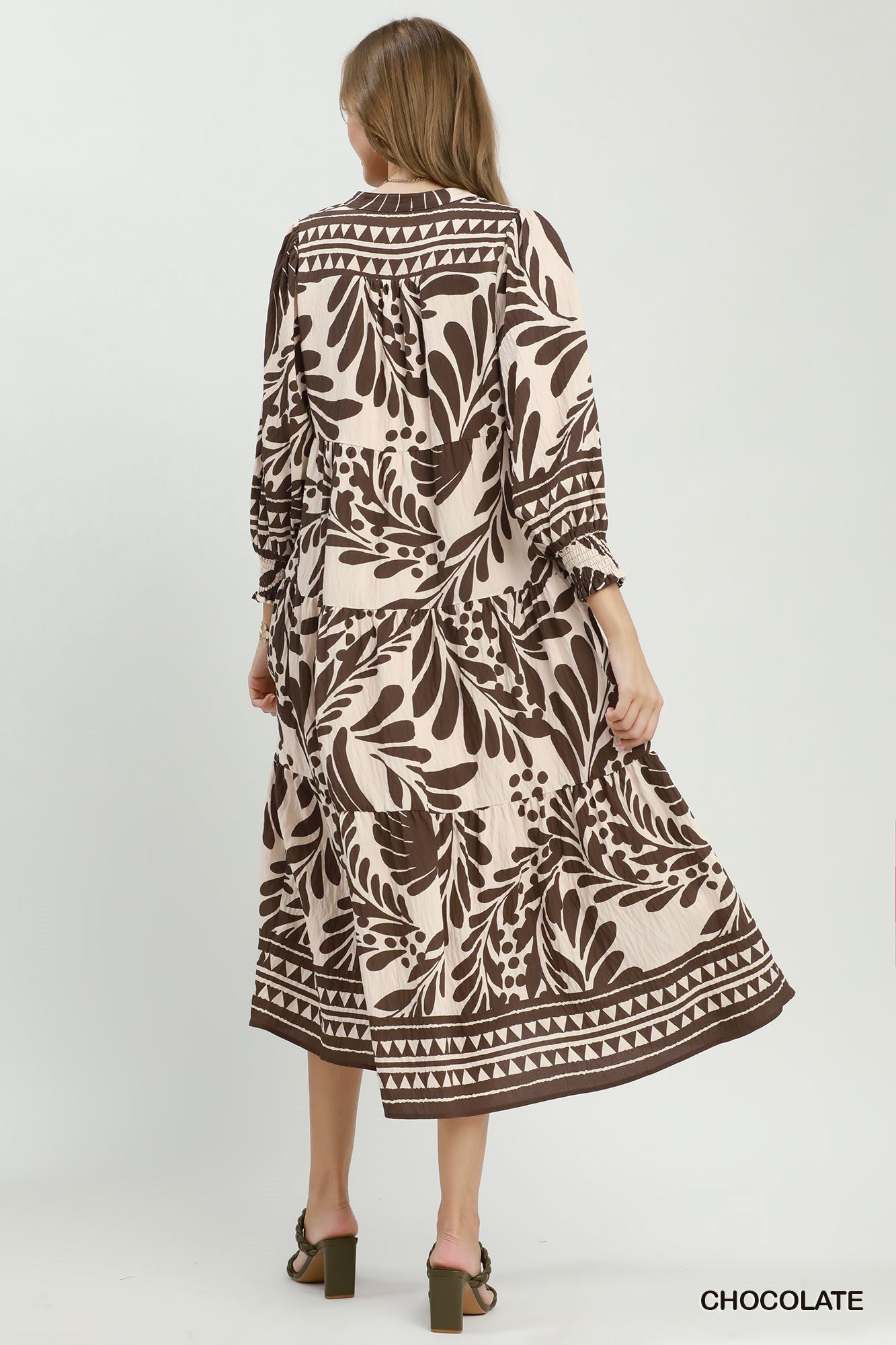 Botanical Print Tiered Midi Dress - Chocolate