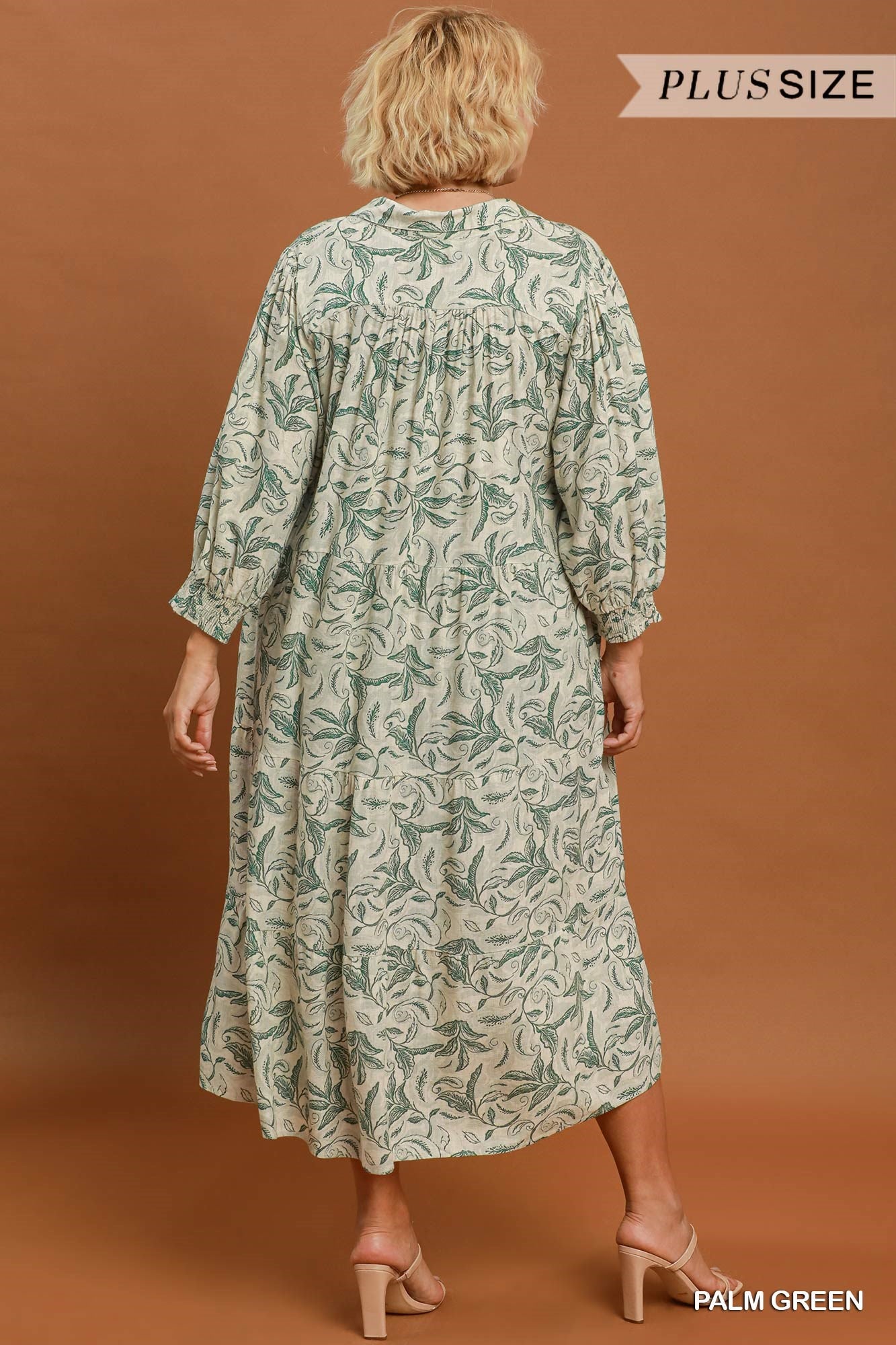Linen Botanical Print Tiered Midi Dress