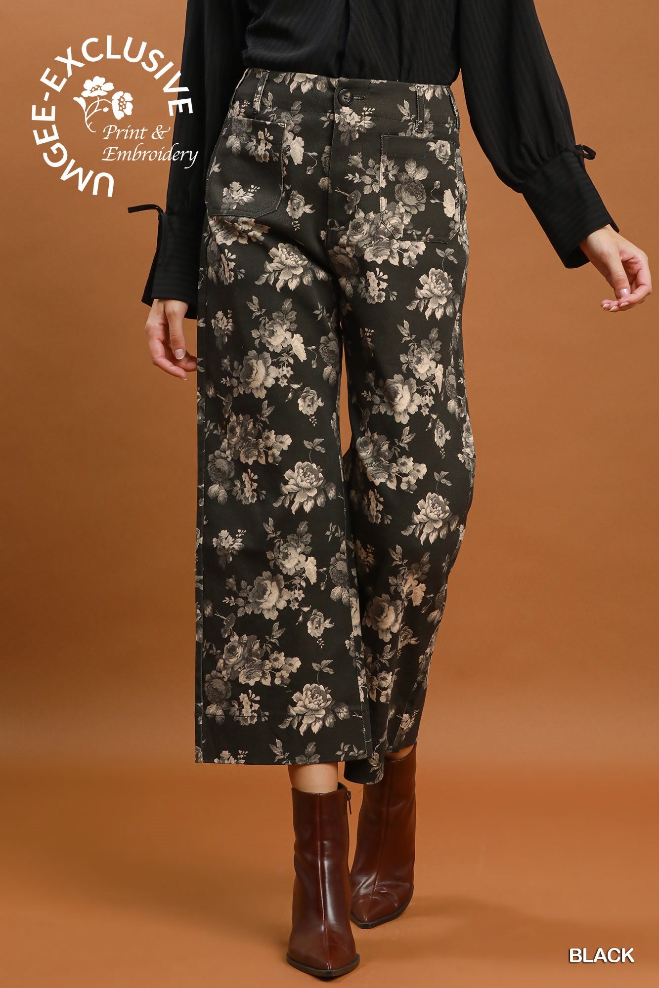 Floral Print Wide Leg Cropped Pants - Black