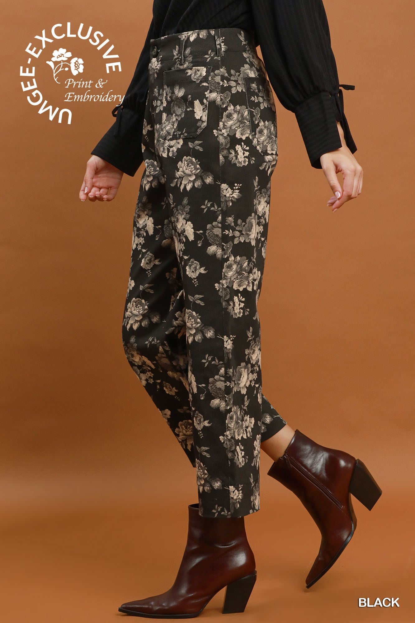 Floral Print Wide Leg Cropped Pants - Black