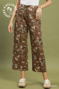 Floral Print Wide Leg Cropped Pants - Brown