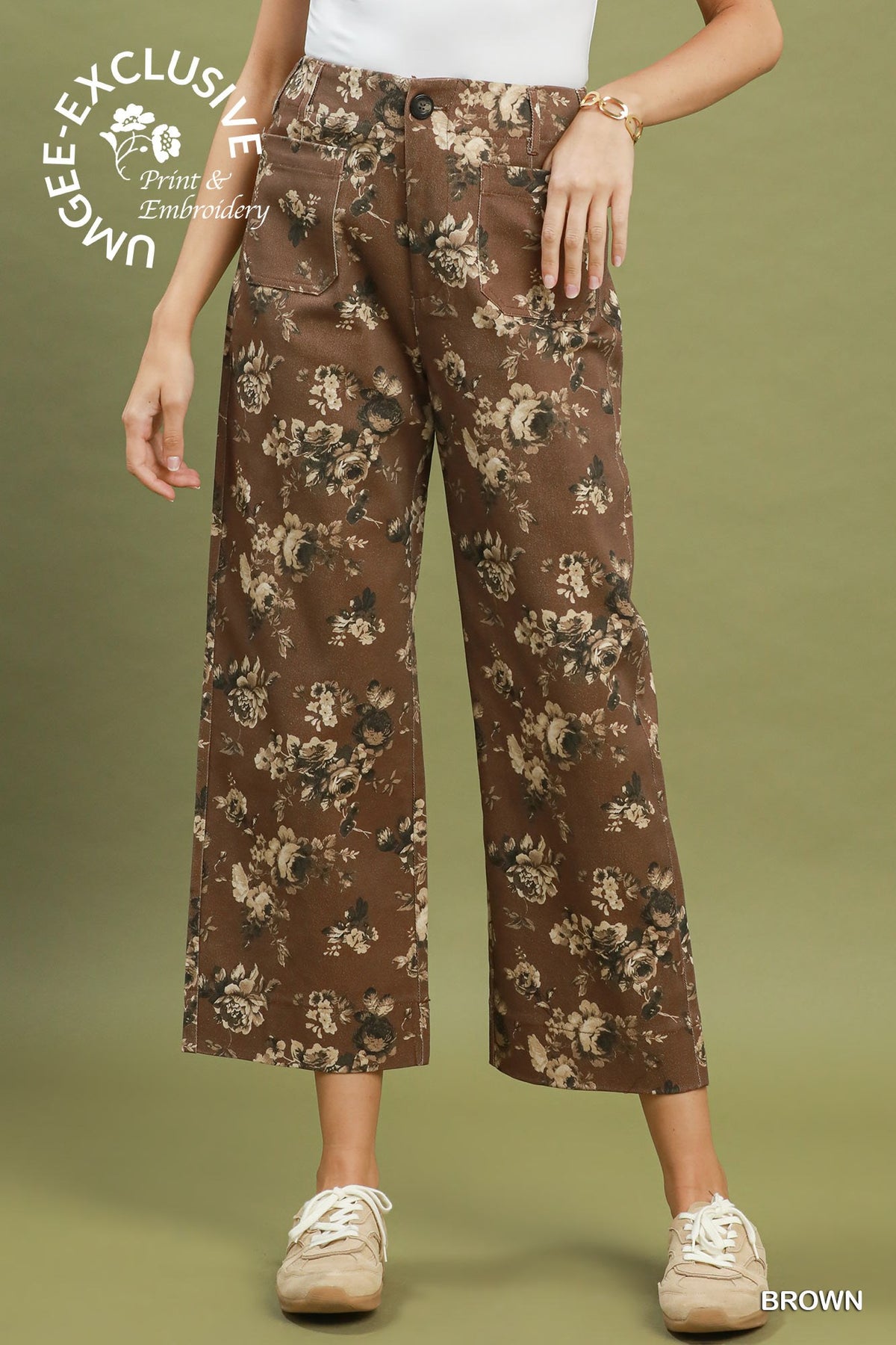 Floral Print Wide Leg Cropped Pants - Brown