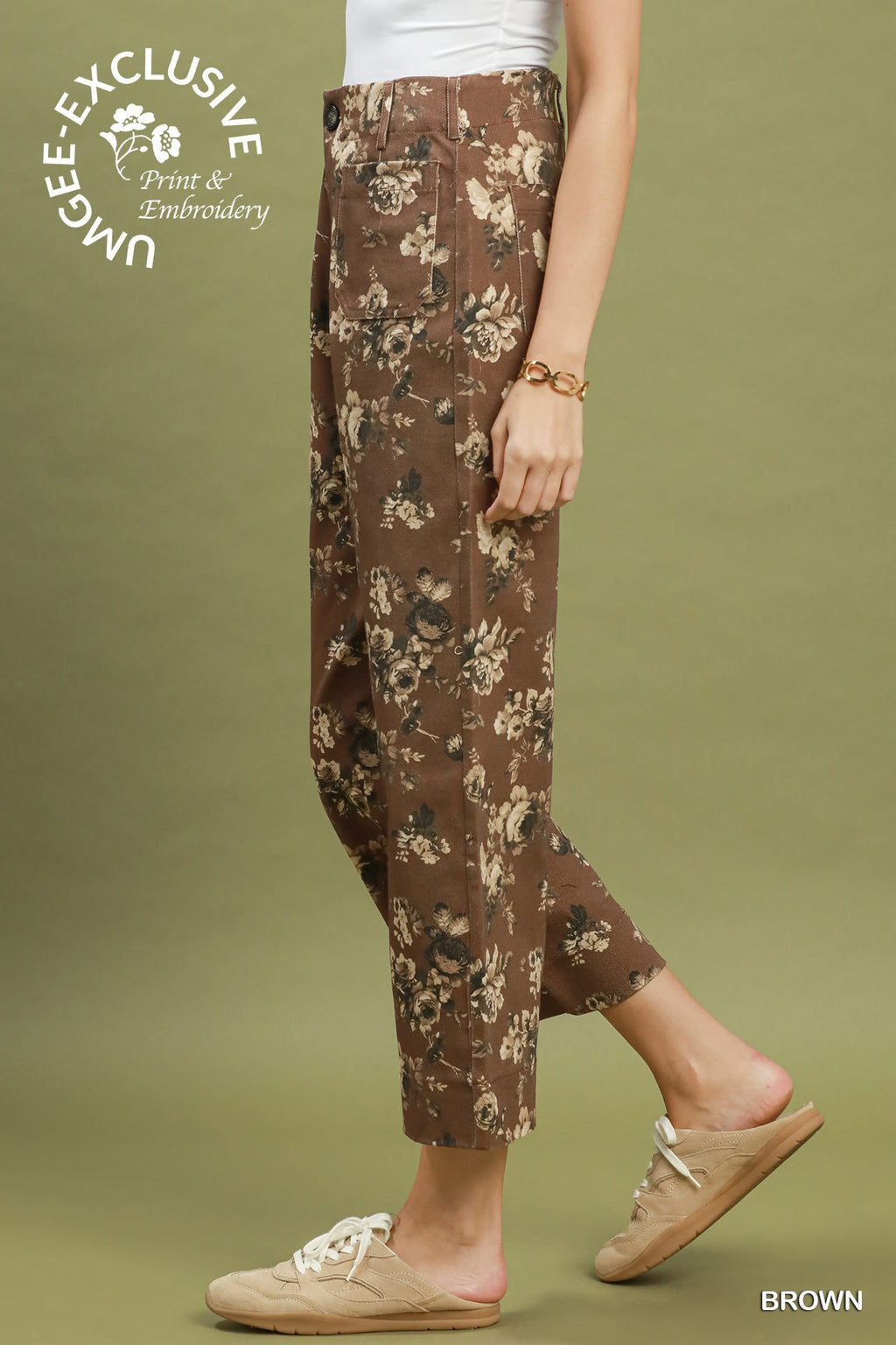 Floral Print Wide Leg Cropped Pants - Brown