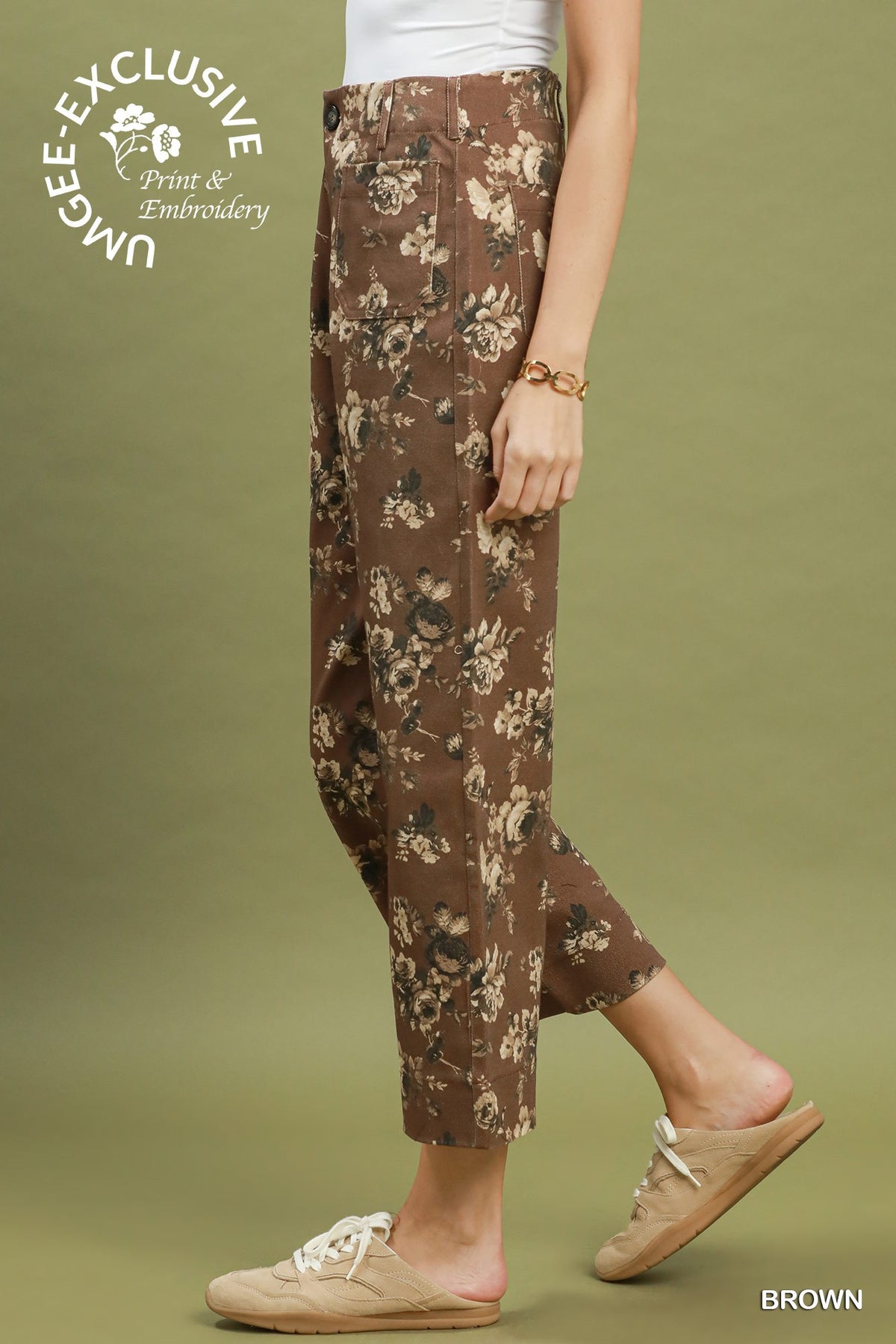 Floral Print Wide Leg Cropped Pants - Brown