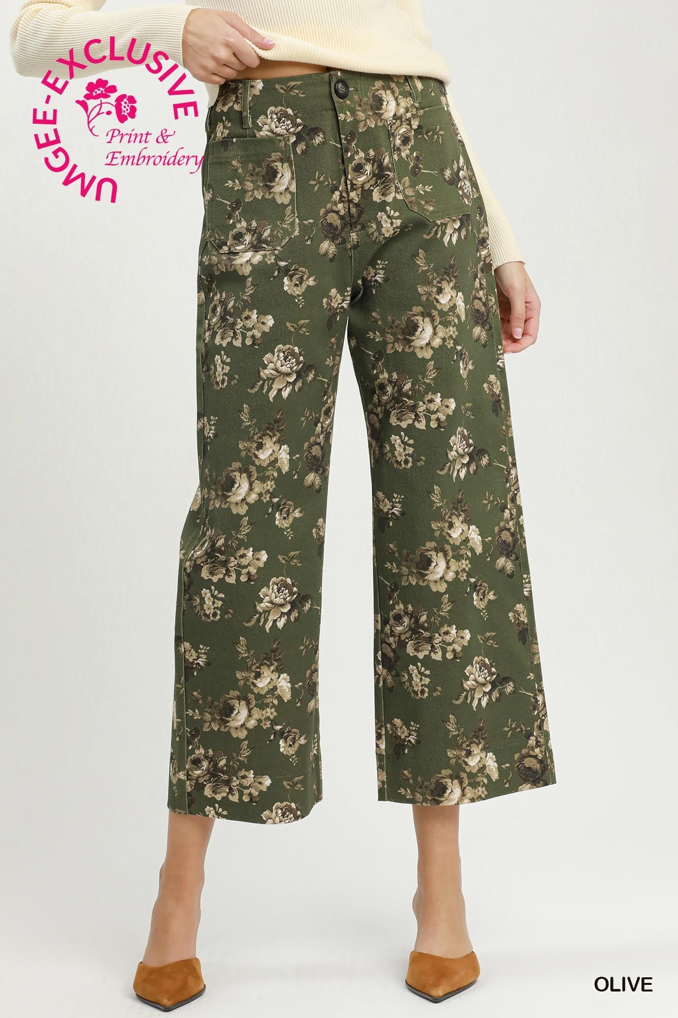 Floral Print Wide Leg Cropped Pants - Olive