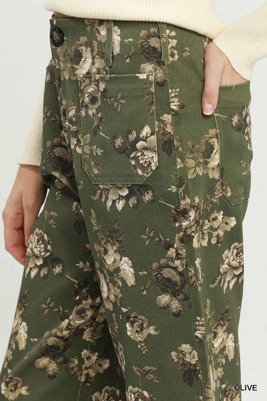 Floral Print Wide Leg Cropped Pants - Olive