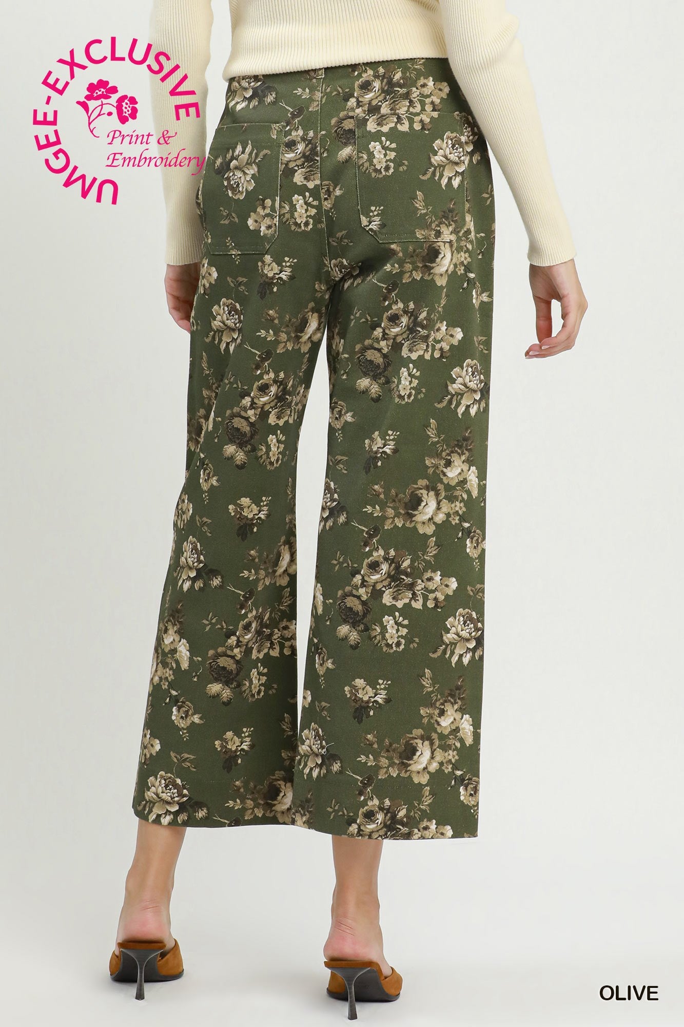 Floral Print Wide Leg Cropped Pants - Olive