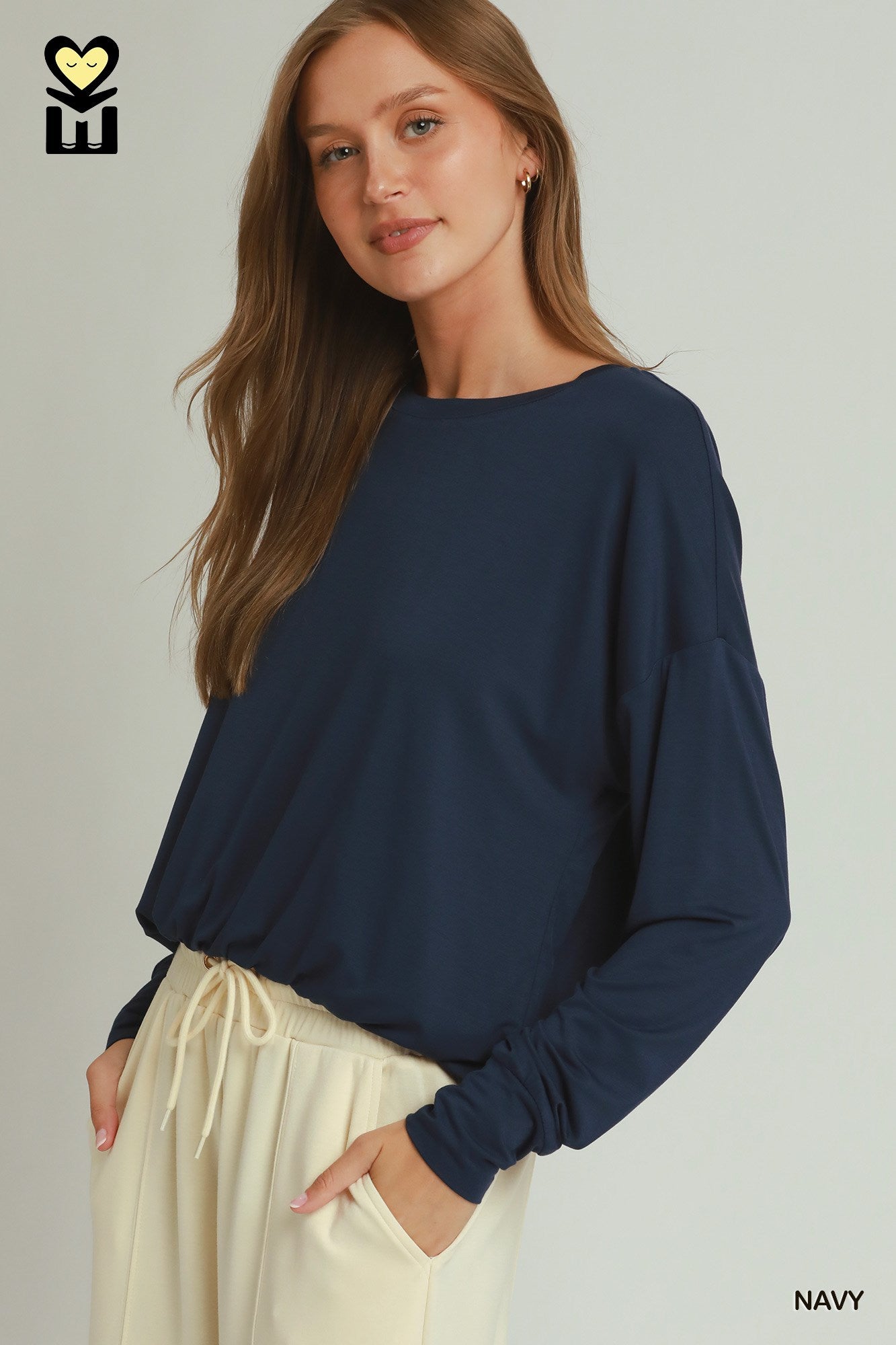 Double Lined Bubble Hem Long Sleeve Top: Navy