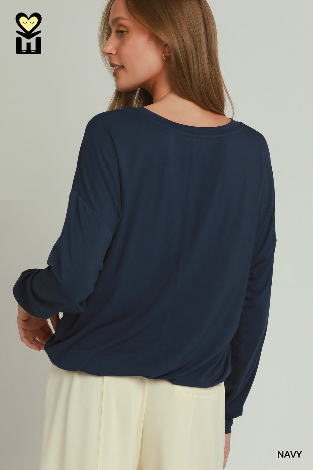 Double Lined Bubble Hem Long Sleeve Top: Navy