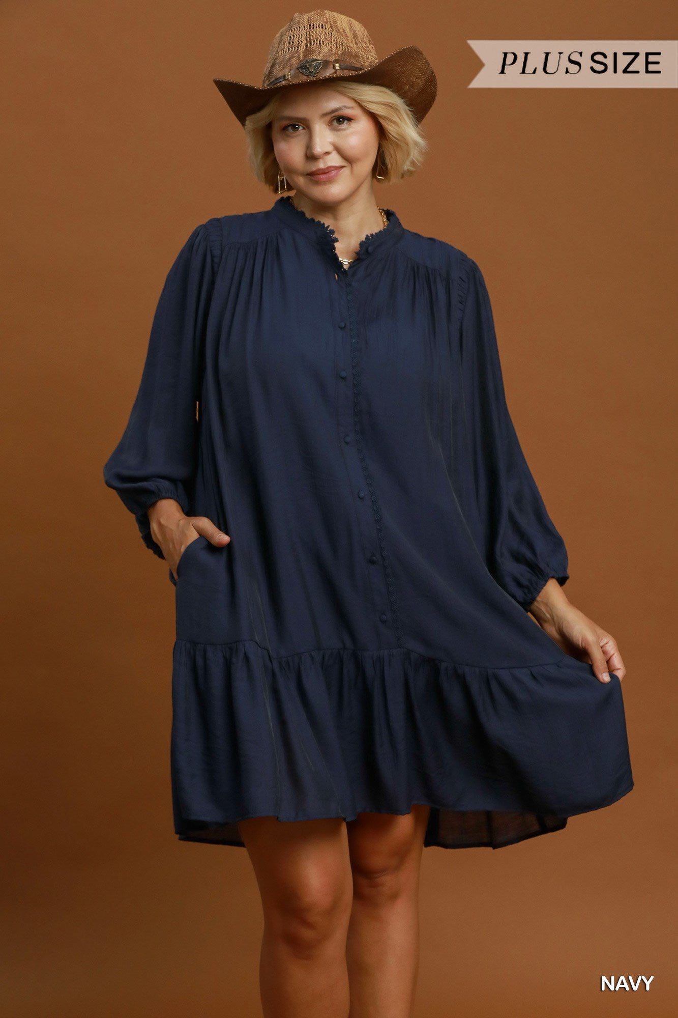 Lace Trim Button-Front Ruffle Hem Mini Dress