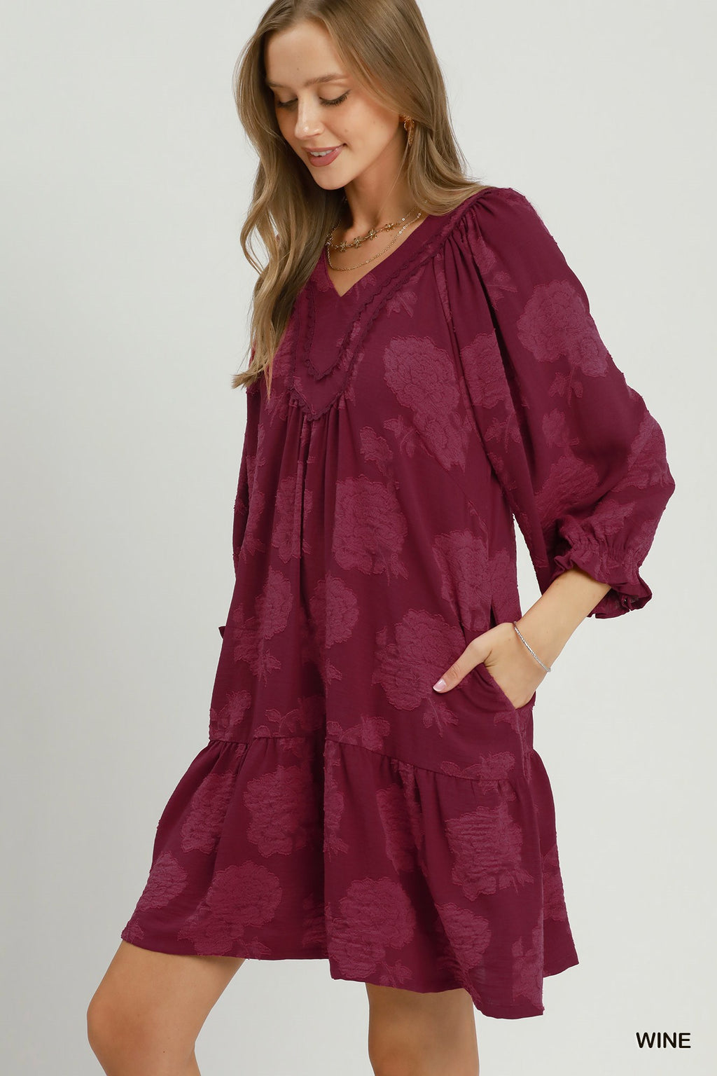 Floral Textured V-Neck Babydoll Mini Dress: maroon