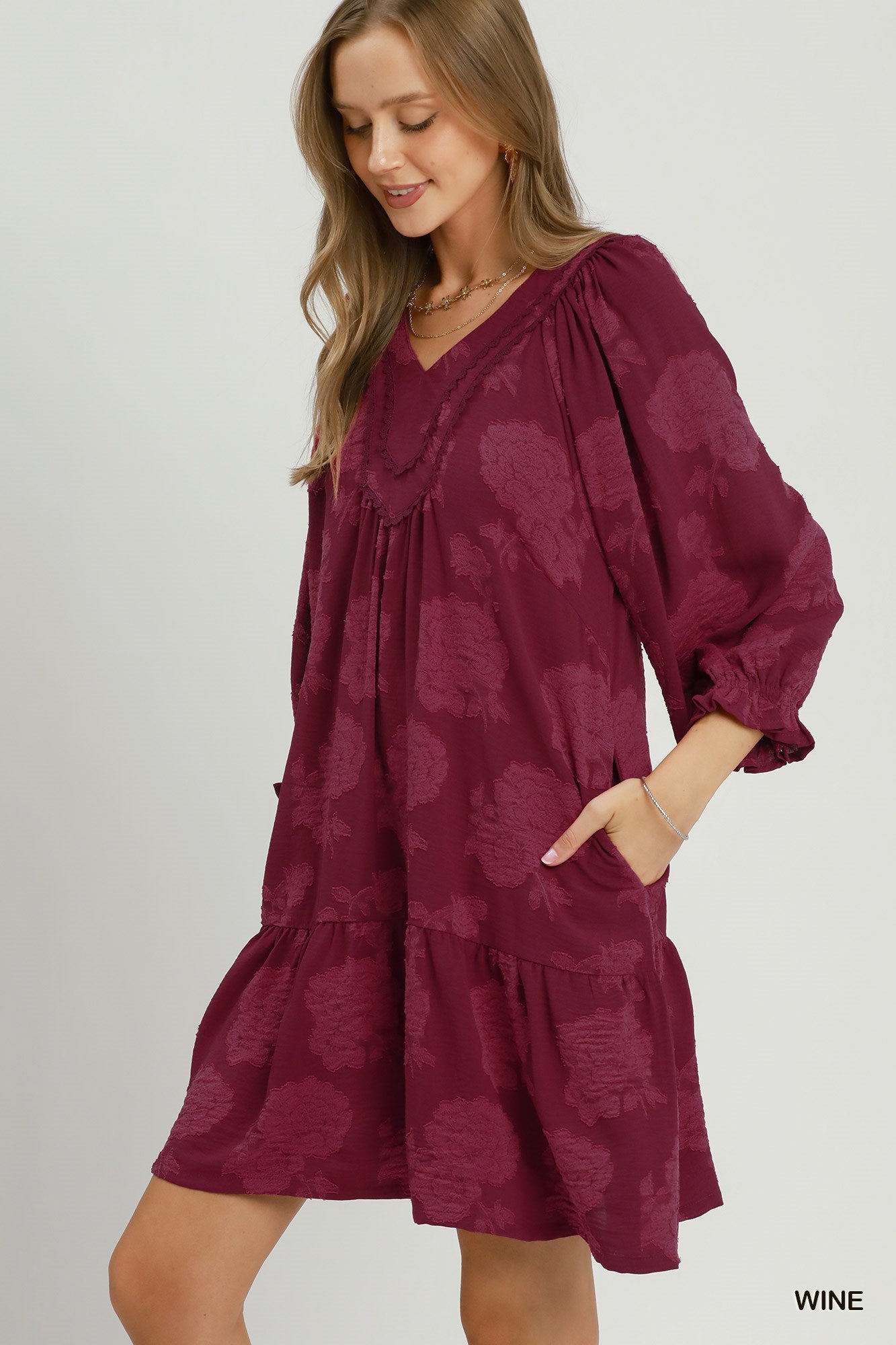Floral Textured V-Neck Babydoll Mini Dress: maroon