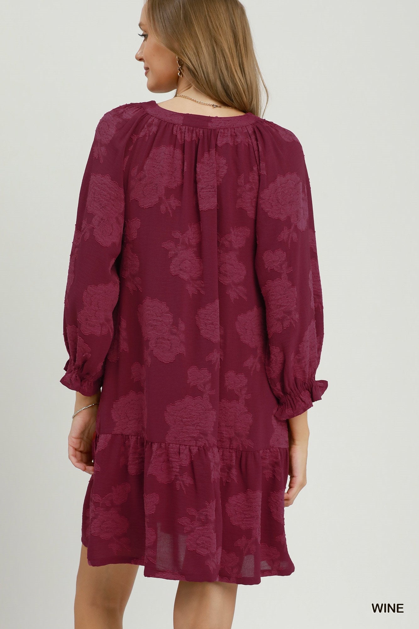Floral Textured V-Neck Babydoll Mini Dress: maroon