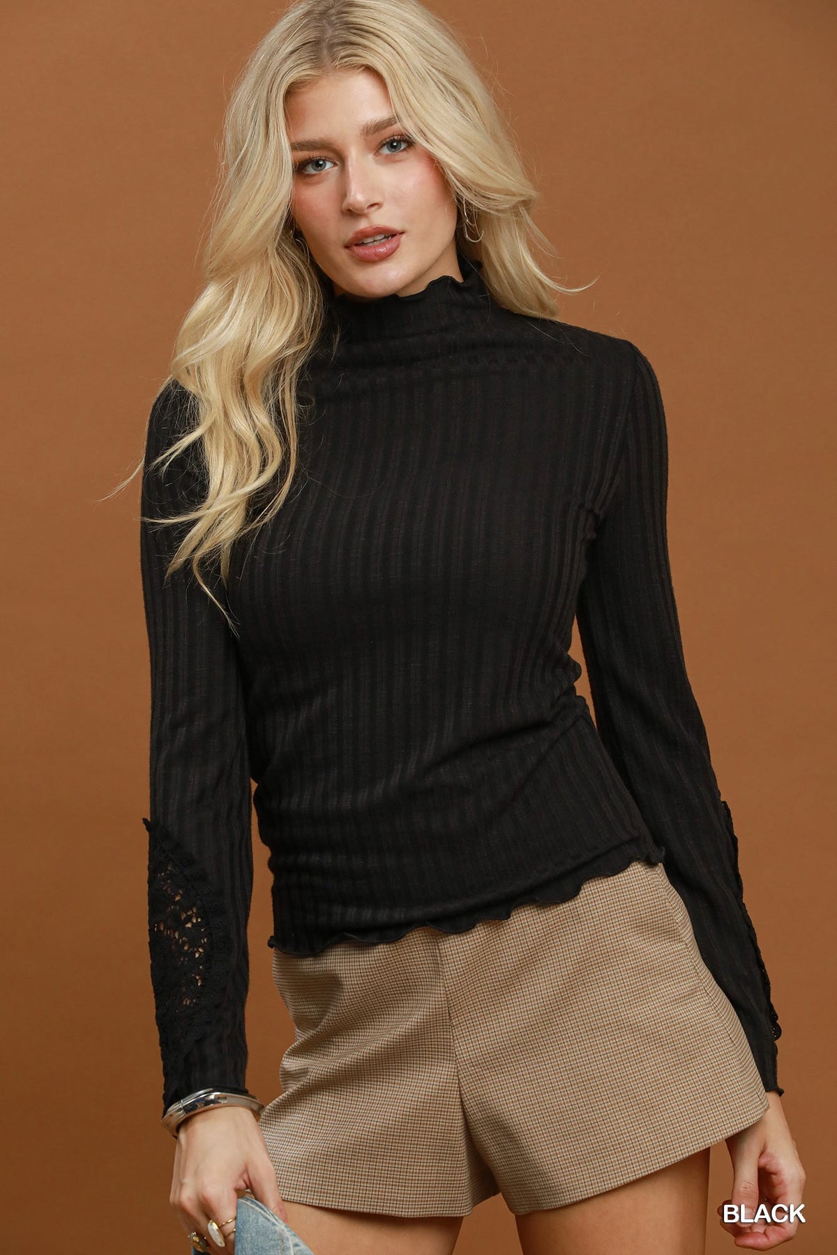 Ribbed Mock Neck Knit Top with Crochet Lace Sleeves