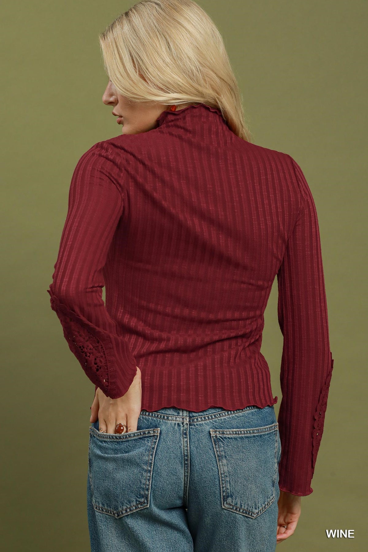 Ribbed Mock Neck Knit Top with Crochet Lace Sleeves