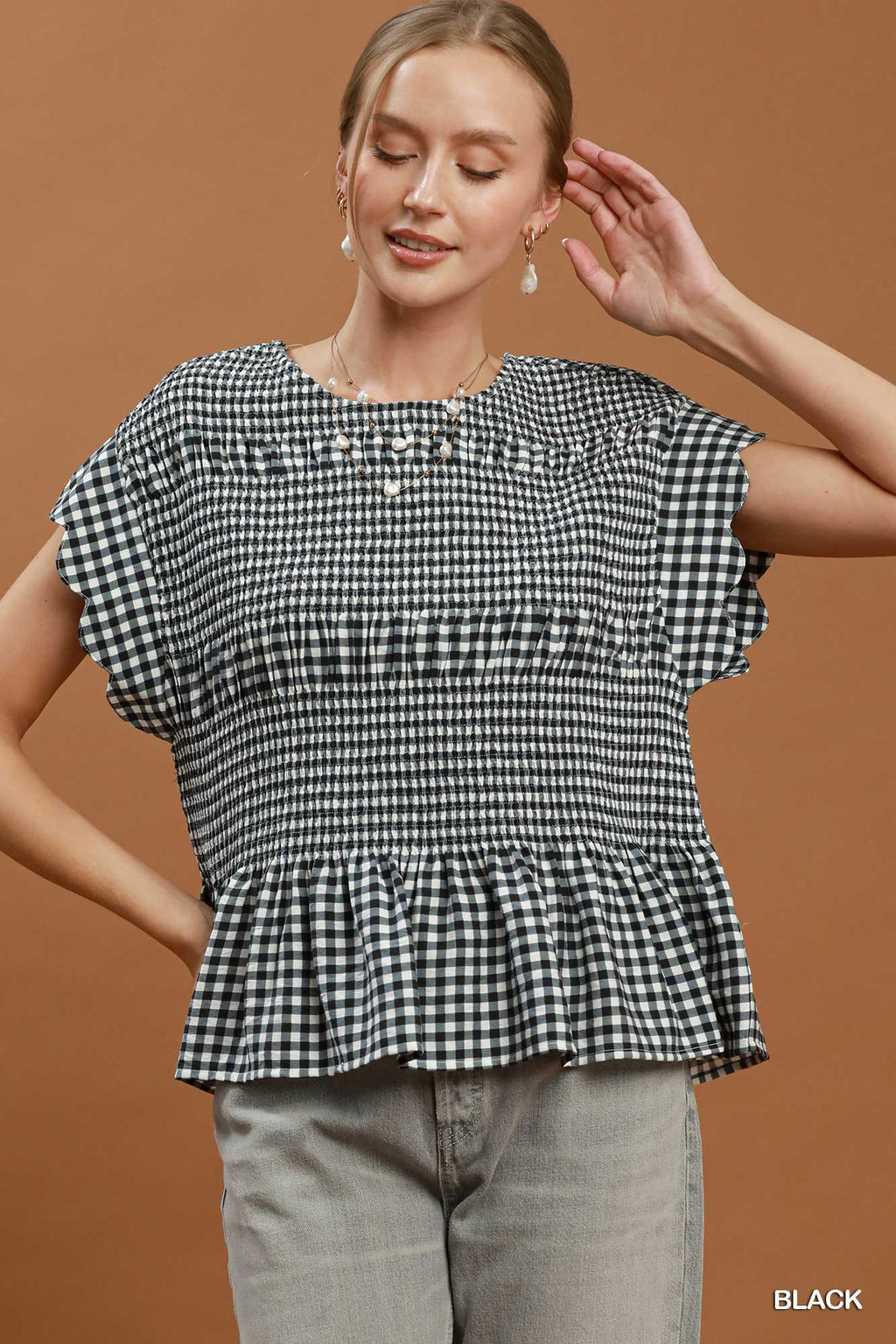Gingham Smocked Ruffle Hem Short Sleeve Top: Black