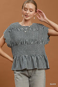 Gingham Smocked Ruffle Hem Short Sleeve Top: Black
